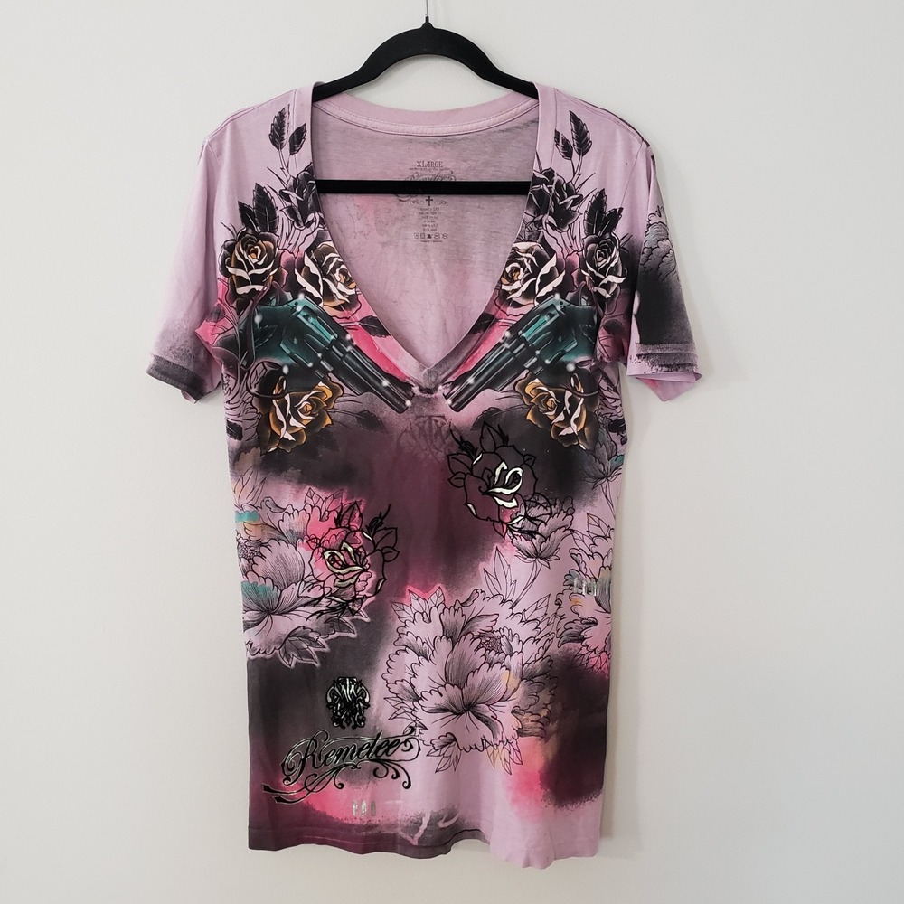 Remetee Affliction Y2K Tattoo Graphic Shirt XL Grunge Goth Roses Guns Women